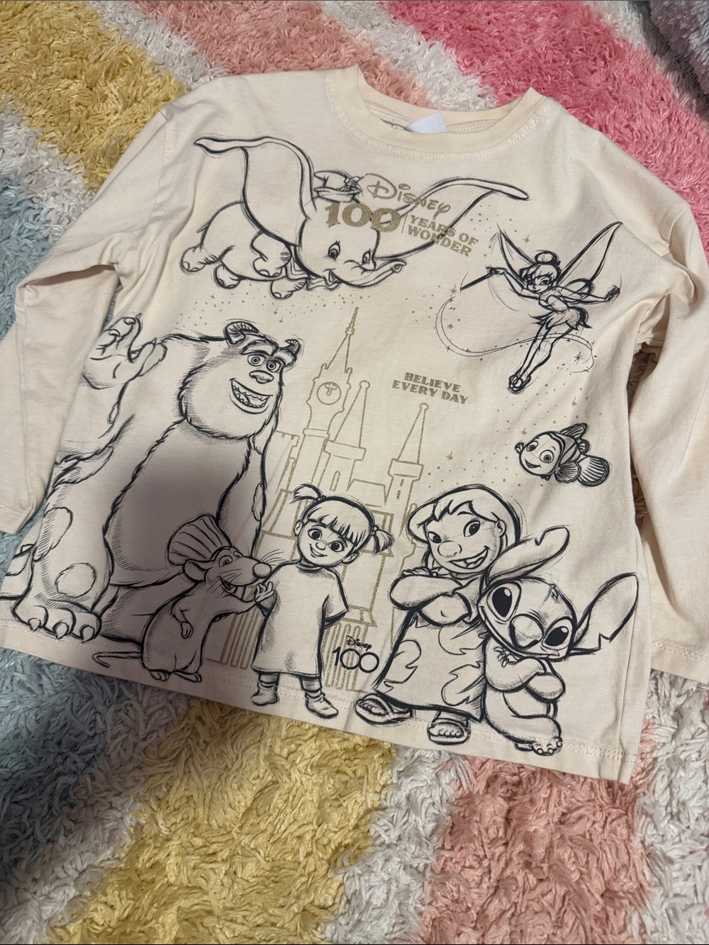 Disney Cream Long-Sleeve Kids Tee with Sketch Character Print